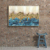 Hardy Gallery Hand Painted Canvas Painting Framed: Abstract Heavy Textured Dark Blue Gold Foils Embellishment Wall Art Large for Bedroom (45” x 30'' x 1 Panel)