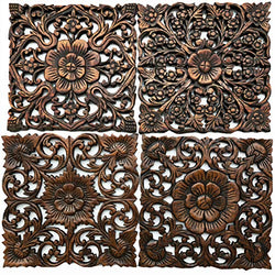 Asiana Home Decor-Floral Carved Wood Wall Art Plaques. Tropical Home Decor. 12" (Brown, Set of 4)