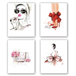Fashion Women Art Print Set of 4 (8"X10"Minimalist Makeup Art, Fashion Lipstick, Red High Heels, Handbag Printing for Women Gifts, Vogue Canvas Wall Art Poster for Girls Room Decor, No Frame