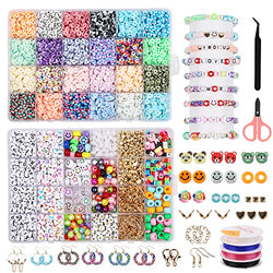 Clay Beads for Bracelet Making Kits, 24 Colors Spacer Flat Heishi Beads Kit with 4 Color Charms Elastic Strings, Letter & Smiley Face Beads for Jewelry Making Adults Girls Teen Crafts 8-12,6500 Pcs