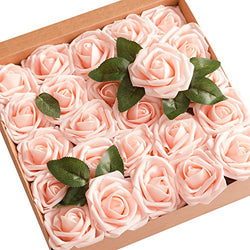 Ling's moment Artificial Flowers 50pcs Real Looking Blush Fake Roses w/Stem for DIY Wedding