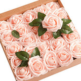 Ling's moment Artificial Flowers 50pcs Real Looking Blush Fake Roses w/Stem for DIY Wedding