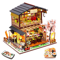 Spilay DIY Dollhouse Miniature with Wooden Furniture,Handmade Japanese Style Home Craft Model Mini Kit with Dust Cover & Music Box,1:24 3D Creative Doll House Toy for Adult Teenager Gift (Gibon Sushi)