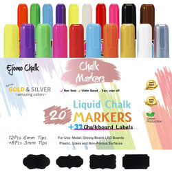 Liquid Chalk Markers, 20 Pack with Free 32 Chalkboard Labels - Neon Color Pens Including Gold and Silver Ink. 6mm + 3mm Reversible Bullet & Chisel Tip