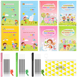8 Pieces Magic Kids Practice Copybook With 3 Automatic Fading Pens 15 Replaceable Refills 1 Pencil Grip Reusable Writing Book Print Handwriting Workbook for Children Training