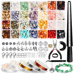 1750Pcs Crystal Jewelry Making Kit with 28 Colors, Ring Making Kit with Gemstone Beads, Natural Crystal Kit with Ring Sizer Measuring Tool Jewelry Wire, Lobster Clasp Earring Hooks for Jewelry Making