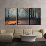 wall26 - 3 Piece Canvas Wall Art - Trees with Red Leafs in a Mysterious Fantasy Forest with Fog - Modern Home Decor Stretched and Framed Ready to Hang - 16"x24"x3 Panels