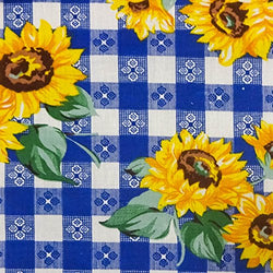 Sunflowers on Blue Checkered Poly Cotton, 58"/60" Inches Wide – Sold By The Yard (FB)