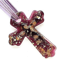 Silver Purple Cross Lampwork Glass Murano Bead Pendant Ribbon Wax Cord Necklace