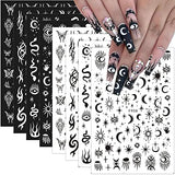 10 Sheets Gothic Nail Stickers 3D Self-Adhesive Snake Nail Art Stickers Black White Rose Flower Eye Fishbone Star Moon Design Nail Art Decorations Butterfly Nail Decals for Women Acrylic Nail Supplies