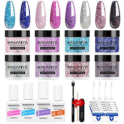 Dip Powder Nail Kit Starter 8 Colors Blue Black Purple Glitter Dipping Powder Set System Beginner Modern Muse Collection With Liquid Set Base Activator Top Coat For French DIY Home Nail Art Manicure