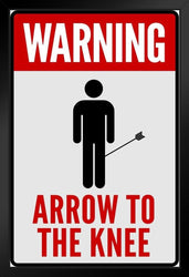 Warning Sign Arrow to The Knee Red White Video Game Gaming Black Wood Framed Poster 14x20