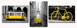 Xinqi art 3 Panels Modern Black and White Pairs Eiffel Tower with Yellow Umbrella Yellow Bicycle Yellow Cable Car Canvas Wall Art, Ready to Hang for Living Room Bedroom Office (16X24inchX3)