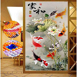 RAILONCH Large DIY 5D Diamond Painting Kit, Fish and Lotus Leaf Round Full Drill Arts Craft Canvas Supply for Home Wall Decor Adults and Kids (150X70CM)