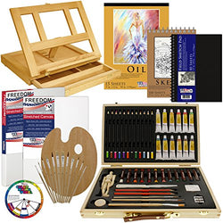 U.S. Art Supply 66-Piece Artist Oil Painting Set - Wood Easel, Oil Paint, Colored & Graphite
