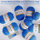 Fuyit 12 Blue Acrylic Yarn Skeins, 1310 Yards Soft Double Knitting Yarn with 2 Crochet Hooks for Beginner Knitting Crochet & Crafts (12 x 50G)
