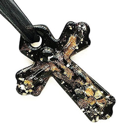 Silver Black Cross Lampwork Glass Murano Bead Pendant Ribbon Wax Cord Necklace