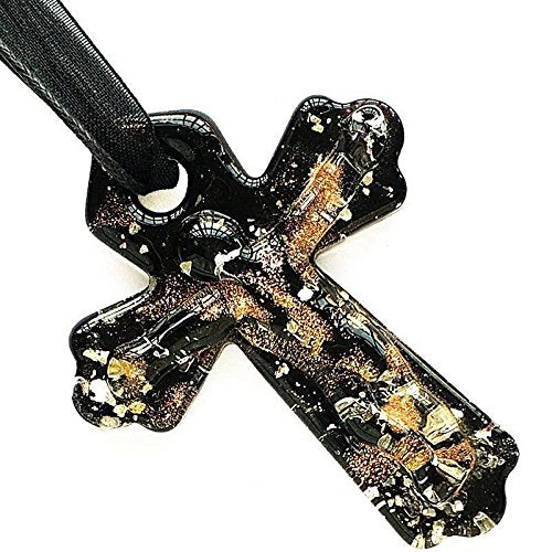 Silver Black Cross Lampwork Glass Murano Bead Pendant Ribbon Wax Cord Necklace