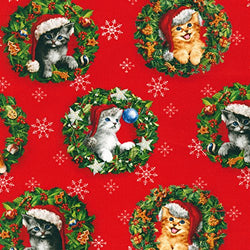 Cat Fabric - Holiday Christmas Pets - Cats in Wreaths - Red - 100% Cotton - By the Yard