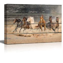 wall26 - Canvas Wall Art - Galloping Horses on Vintage Wood Textured Background - Rustic Country Style Modern Giclee Print Gallery Wrap Home Decor Ready to Hang - 24" x 36"