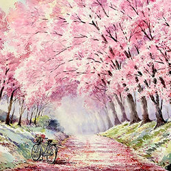 DIY 5D Diamond Painting by Number Kits, Diymood Painting Cherry Blossom Bike Tree-Lined Road Paint with Diamonds Arts Full Drill Canvas Picture for Home Wall Decor 40x40cm(16x16inch)