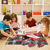 TEMI Mist Spay Transport Airplane Cargo with 6 Mini Diecast Fire Fighting Vehicles and Playmat for Toddlers, Children Educational Toy Plane with Music & Lights, Ideal Car Set for Kids 3 4 5 6 Years