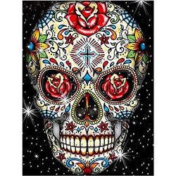 5D Diamond Painting Skull with Flowers, Round Full Drill Diamond Dots Paintingsfor Adults, Skeleton Flower DIY Painting by Number Kits for Home Wall Art Décor 12x16inch