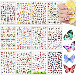 Blulu 24 Sheets Butterfly Nail Art Stickers Colorful Butterfly Flower Nail Stickers Mixed Design Self-Adhesive Nail Decals Butterfly Manicure Sticker for Women Girl Nail Decorations, 12 Styles