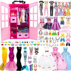 98 Pcs Doll Clothes Outfit for Doll with Doll Closet, 3 Princess Dresses+15 Dressest+3 Tops Pants+3 Bikinis+10 Jewelry+10 Bags+10 Shoes+ 38 Accessories(Random Style)