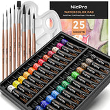 Nicpro Watercolor Paint Kit, Professional Painting Set 24 Tube Water Color Paints, 8 Synthetic Squirrel Brushes, 25 Papers, Palette, Color Wheel for Artists, Adult