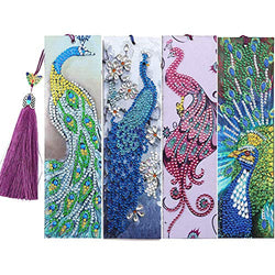 5D Diamond Painting Bookmarks Peacocks 4 Pack Kits for Adults 21x6cm DIY Bookmarks with Tassel Special Shape Diamonds Partial Drill Arts Crafts Set Rhinestone Dot Gifts 8.3x2.4 Inch