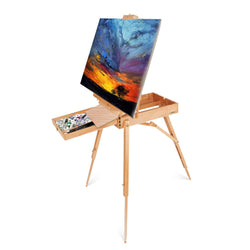 ShowMaven French Style Wooden Art Easel Stand with Sketch Box,Portable Travel Drawing Artist Tripod w/Storage Drawer Case,Triangular Floor Stand,Collapsible Foldable Outdoor,Oil Painting Painters