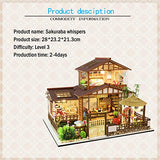 WYD 3D Wooden House Sakura Garden Japanese Assembled Doll House Kit with LED Light Miniature Furniture Kit for Family, Friends and Children