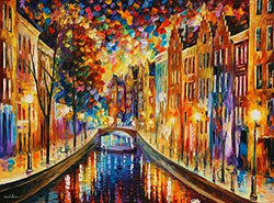 Large Modern Oil Painting On Canvas By Leonid Afremov - Amsterdam Night Canal