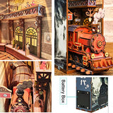 DIY Book Nook Kit Bookend 3D Wooden Puzzles Bookshelf Insert kit Bookcase Build-Creativity Kit with Sensor Lights & Removable Train, Gifts for Teens and Adults