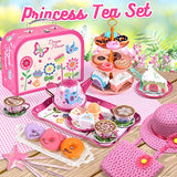 Toylink Kids Tea Party Set for Little Girls Princess Toys 47Pcs Tin Tea Set Food Dessert Playset Carring Box Kitchen Pretend Play Toy for 3 4 5 6 Years Toddler Girls Birthday Gift