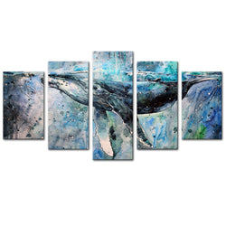 5 Panels Abstract Blue Whale Picture Canvas Prints Modern Wall Art Painting with Stretched and Framed for Home Decoration (12x20inchx2pcs+12x26inchx2pcs+12x32inchx1pcs)