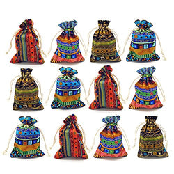 12pc Egyptian Style Jewelry Coin Pouch Print Drawstring Gift Bag Cotton Sachet Candy Travel Purse Ethnic Reusable Grocery for Party Favors Wedding Holiday (Egypt 12)