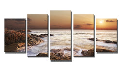 Wieco Art The Rocky Sea Large Modern 5 Piece Giclee Canvas Prints Artwork Stretched and Framed Seascape Beach Pictures Paintings on Canvas Wall Art for Living Room Bedroom Home Decorations L