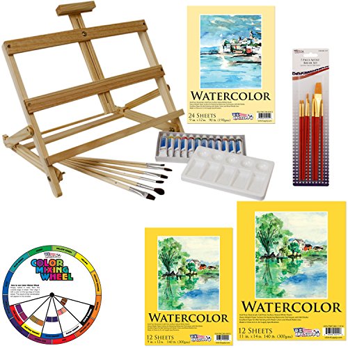 US Art Supply 31-Piece Watercolor Painting Table Easel Set with, 12-Tubes Watercolor Colors, 3