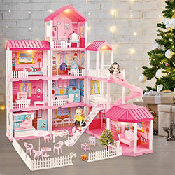Dreamhouse Dollhouse Building Toys, Playset with Lights, Movable Slides, stairs, Furniture, Accessories, Dolls and Pets, Cottage Pretend Play House, DIY Creative Gift for Girls Toddlers(11 Rooms)