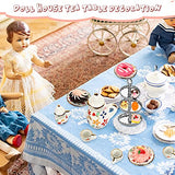 52 Pieces Miniature Dollhouse Kitchen Accessories Include Miniature Porcelain Tea Cup Set Mini Doll Plates Knife Fork Spoon Miniature Food 3-Tier Silver Cupcake Stand for Party Favors (Cute Style)