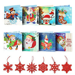 5D DIY Christmas Diamond Painting Greeting Cards and Wooden Xmas Tree Pendant Set, Santa Claus Handmade Painting Kits for Kids and Adult 7.5”x10” (8 Packs Card and 6 Packs Pendant)