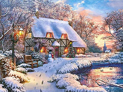 5D Diamond Painting Christmas Snow Scene, Diamond Painting by Number Kits for Adults Kids, Round Drill Embroidery Cross Stitch for Home Wall Decor Office Decoration (15.7x11.8inch)