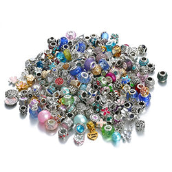 Assorted Silver Tone Charms Rhinestones Bead Charms Murano Glass Beads and Spacers Pack of 50