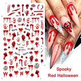 8 Sheets Halloween Nail Art Stickers 3D Halloween Nail Decals Self-Adhesive DIY Nail Art Decorations Horror Red Bloody Wound Blood Skull Spider Nail Sticker for Women Kids Girls Manicure