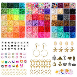 Coxedafi 13600 Pcs Clay Beads for Bracelet Necklace Jewelry Making, 72 Colors Flat Round Polymer Bead Set with Elastic Strings Pendant Charms Kit