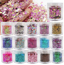 16 Bottles Resin Chunky Glitter Flakes Holographic Body Paints Face Eye Makeup Hair Festival Rave Hexagon Shaped Glitter Sequins Nail Art Acessories Craft Supplies 16 Colors