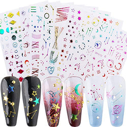 Star Nail Art Stickers, 8 Sheets Holographic Moon Nail Decals 3D Self-Adhesive Gradient Colorful Metallic Star Moon Heart Line Smiley Nail Design Manicure DIY Nail Decoration for Women Girls