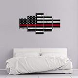 Thin Red Line Firefighter USA US American Flag Canvas Prints Wall Art Vintage Wooden Background Home Decor Decal Fireman Flag Pictures 5 Panel Large Poster Painting Framed Ready to Hang (50"Wx24"H)
